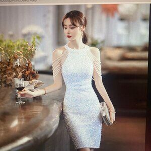 Ladies white and blue sequence party dress